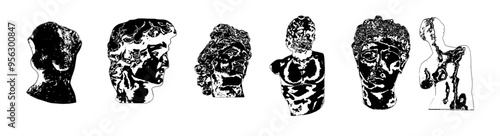 Ancient male, female bust sculpture isolated. Collage element of paper for poster, stickers, banner. Cutting shapes grunge vintage face part. Abstract vector set