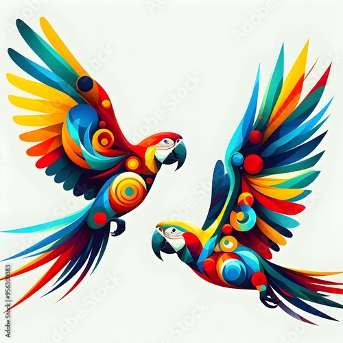 Abstract art with white background and colorful parrots