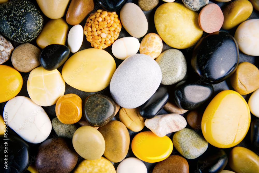 Assorted Polished Stones in Yellow, Black, and White Tones Assorted Polished Stones in Yellow, Black, and White Tones