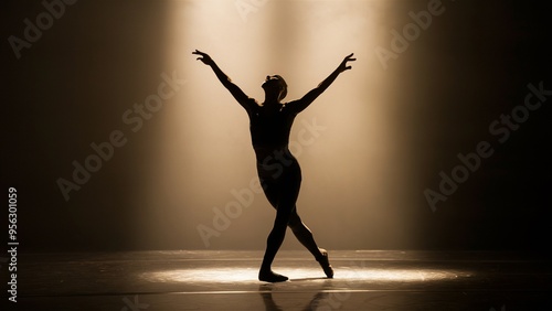 Dancer's silhouette on stage with outstretched arms expressing freedom