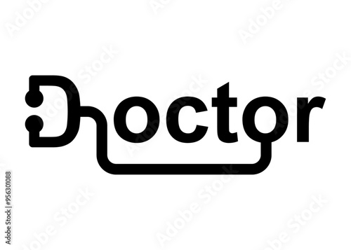 Logo medical. Texto con palabra Doctor con estetoscopio.