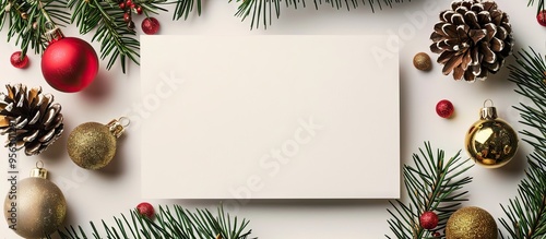 Fototapeta Naklejka Na Ścianę i Meble -  A Christmas card mockup featuring a white blank area for text alongside festive New Year decorations perfect for adding your own personal touch with copy space image