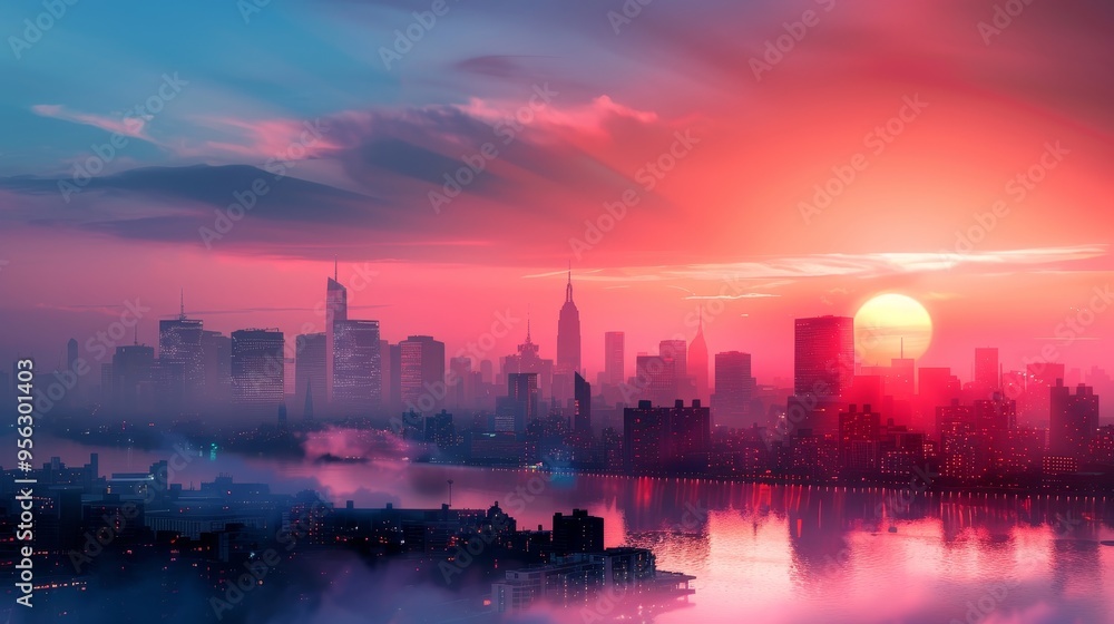 Cityscape Sunset with Fog and Reflection Cityscape Sunset with Fog and Reflection