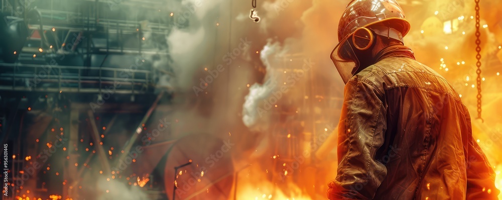 Fototapeta premium A solitary figure stands against a backdrop of a fiery industrial setting, possibly representing a post-apocalyptic scenario