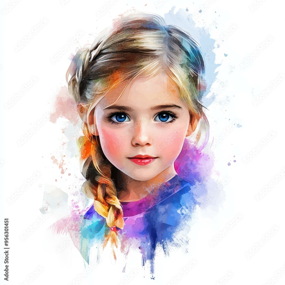 Fototapeta premium A charming watercolor illustration of a sweet little princess, set against a white background.