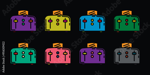 Original vector icon set in vintage style. An electrical appliance designed for quickly toasting flat pieces of bread. Toaster.