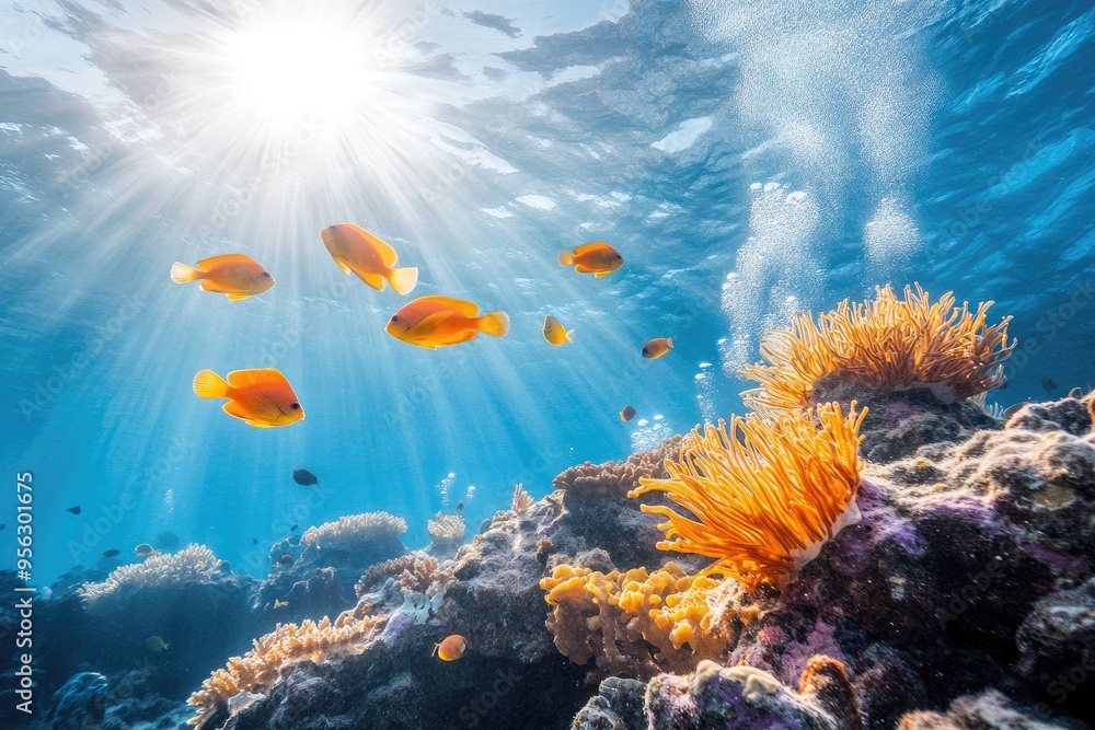 Naklejka premium Underwater Scene with Sunbeams, Fish, and Coral Reef