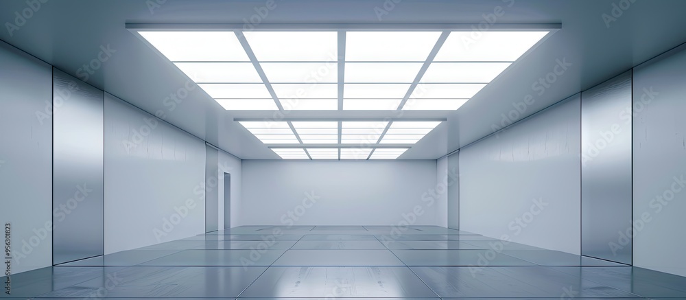 The LED panel is mounted on the ceiling frame in the room with a clear view for a copy space image The LED panel is mounted on the ceiling frame in the room with a clear view for a copy space image