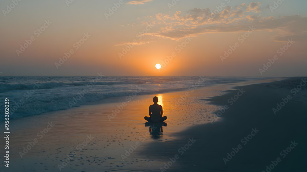 Silhouette of Person Meditating on Beach at Sunset Silhouette of Person Meditating on Beach at Sunset