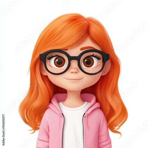 A charming 3D illustration of a yearold girl with bright orange hair, sporting black glasses and a pink sweatshirt.