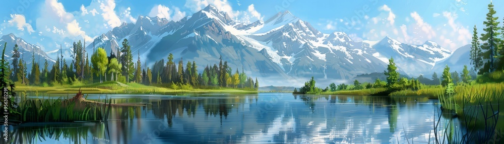 Serene Mountain Lake with Snowy Peaks Serene Mountain Lake with Snowy Peaks