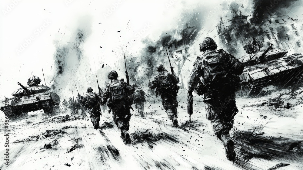 Fototapeta premium Regiment of soldiers marching across a devastated battlefield landscape, war machines and ruins everywhere.