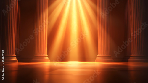 A majestic scene of glowing light pouring through columns, creating an ethereal atmosphere for inspiration and tranquility. photo