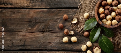 Macadamia nuts arranged beautifully on a wooden table with copy space image