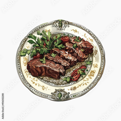 Elegant gourmet steak dish illustration