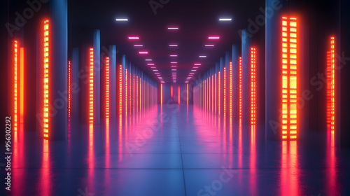 Wallpaper Mural Neon Lights Corridor with Red and Pink Glowing Stripes Torontodigital.ca