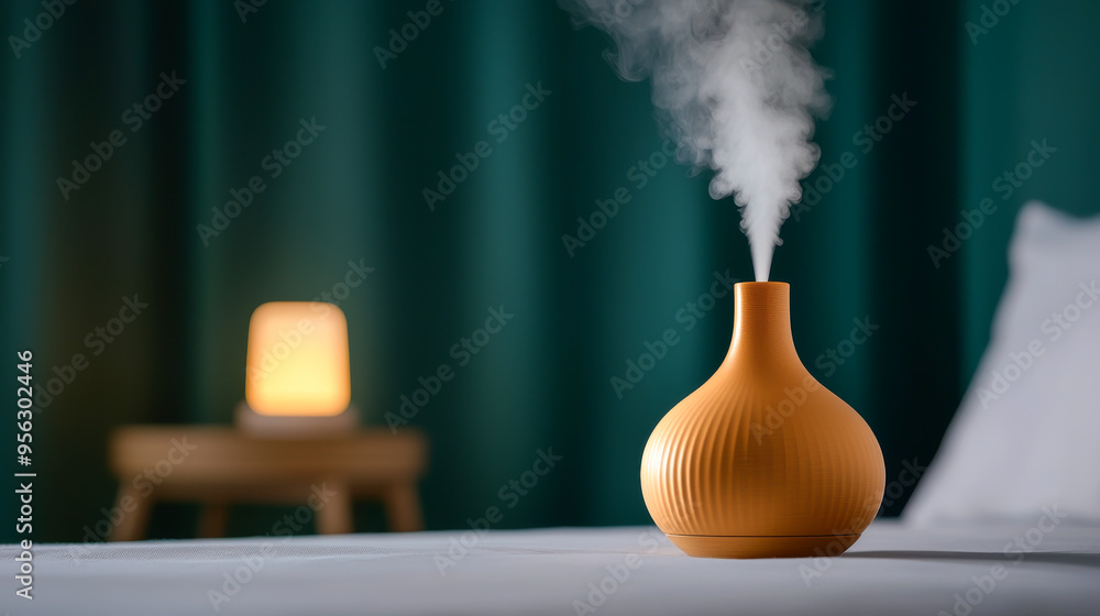 A modern aroma diffuser emitting steam in a cozy room, enhancing relaxation with calming ambiance and stylish design. A modern aroma diffuser emitting steam in a cozy room, enhancing relaxation with calming ambiance and stylish design.