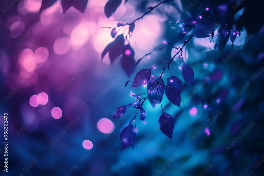 A tranquil evening scene of illuminated leaves with soft purple and blue bokeh lights in a serene natural setting A tranquil evening scene of illuminated leaves with soft purple and blue bokeh lights in a serene natural setting