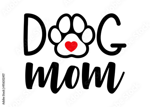 Logo pet friendly. Letras de la palabra dog mom en texto manuscrito con zarpa de perro en lugar de letra o y corazón