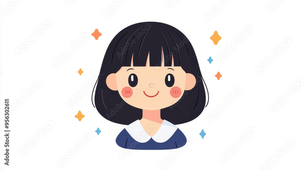 Charming vector art of a smiling Japanese lady with a trendy bob haircut, set against a clean white backdrop. Charming vector art of a smiling Japanese lady with a trendy bob haircut, set against a clean white backdrop.