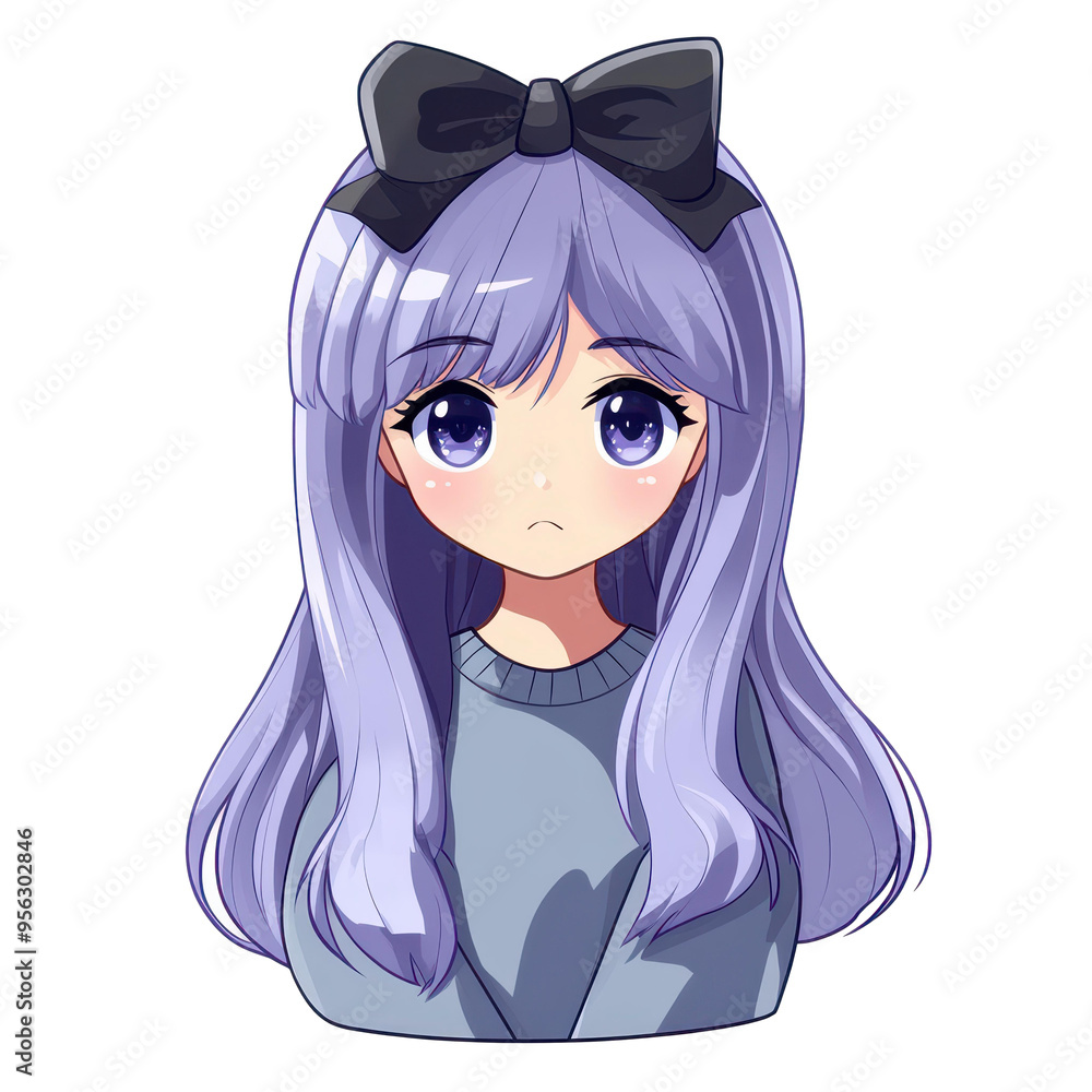 Adorable sticker featuring a cute anime girl with a bow, long purple hair, and a cozy grey sweater. Perfect for decorating Adorable sticker featuring a cute anime girl with a bow, long purple hair, and a cozy grey sweater. Perfect for decorating