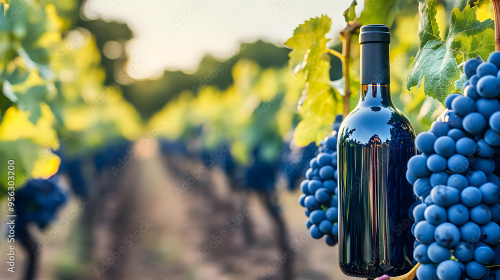 Fototapeta premium Wine Bottle and Grapes in Vineyard at Sunset