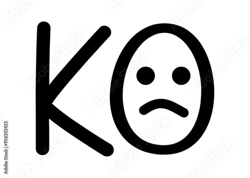 Logotipo con palabra en texto manuscrito KO con símbolo emoticono triste en lugar de letra O