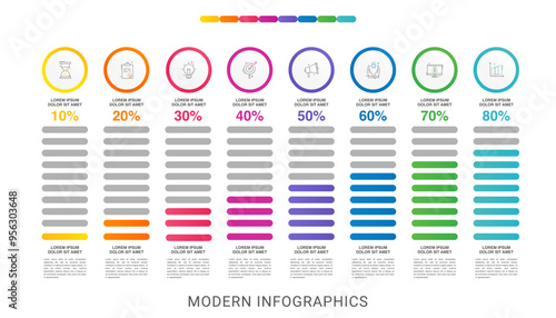 Vector infographic design template. Modern concept with 8 steps. Creative timeline with graph elements, percentage circles and icons. Performance analysis in percent
