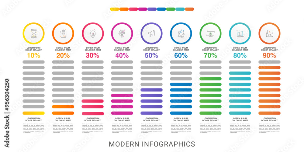 Vector infographic design template. Modern concept with nine steps. Creative timeline with graph elements, percentage circles and icons. Performance analysis in percent Vector infographic design template. Modern concept with nine steps. Creative timeline with graph elements, percentage circles and icons. Performance analysis in percent