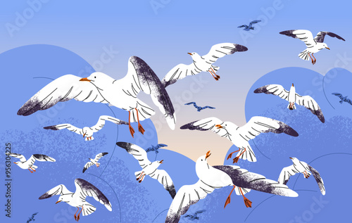 Flock of white seagull flies in the blue sky. Cluster of sea gull soaring in the air. Group of seabirds in flight among clouds. Birds, feathered animals flapping with wings. Flat vector illustration