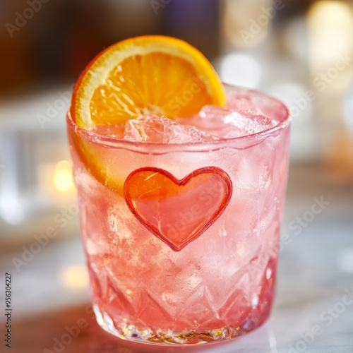 A pink cocktail with an orange slice garnish in a glass with a heart design.