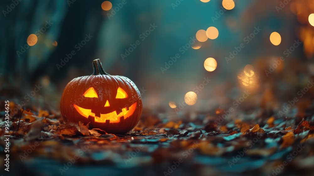 Halloween Pumpkin Lantern with Bokeh Background Landscape, 3D Illustration. AI generated illustration. Halloween Pumpkin Lantern with Bokeh Background Landscape, 3D Illustration. AI generated illustration.