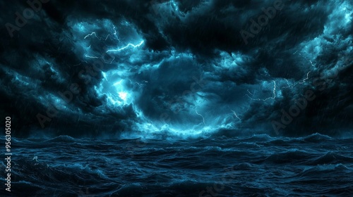 Dark and Stormy Ocean with Thunderous Clouds and Lightning Strikes, Epic Atmospheric Scene