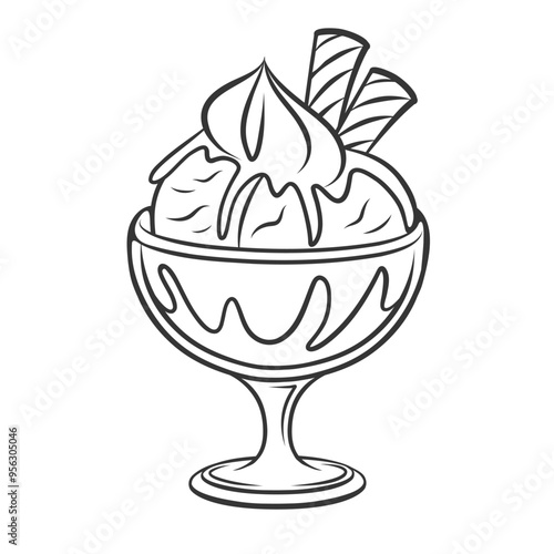 Ice cream in glass cup icon, doodle serving soft gelato with sauce. Funny sundae ball with chocolate or berry topping and wafer sticks. Dessert mascot, hand drawn ice cream icon vector illustration