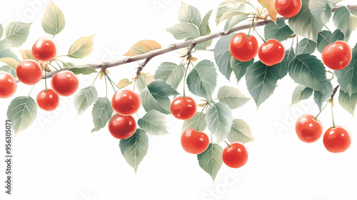Watercolor Illustration of Cherry Branch with Red Ripe Cherries and Green Leaves