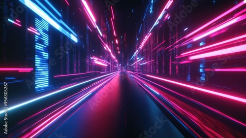 A 3D abstract scene featuring glowing neon lines streaking across the background, representing high-speed technology and the futuristic digital world.