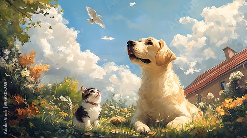 A dog and cat playing together in a garden, with a beautiful blue sky and birds flying overhead