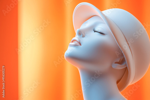 A stylish mannequin with a serene expression, showcasing modern design elements against a vibrant orange backdrop.