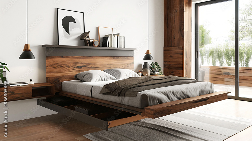 a minimalist bedroom with a floating bed and hidden storage a minimalist bedroom with a floating bed and hidden storage