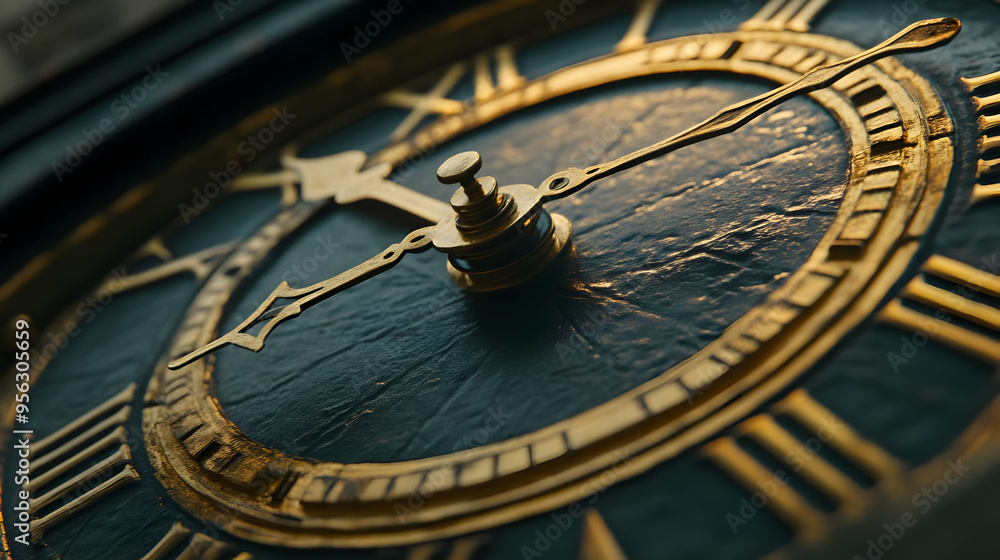 Close up of Antique Clock Face with Roman Numerals and Gold Accents Close up of Antique Clock Face with Roman Numerals and Gold Accents