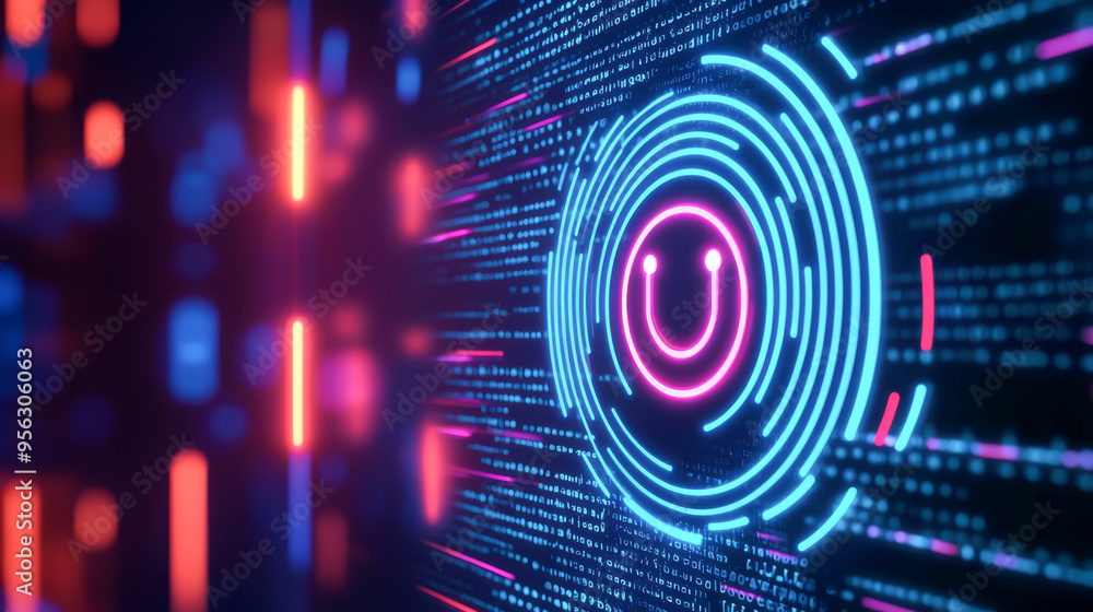 Obraz premium A vibrant digital background featuring a glowing power symbol with colorful data streams for technology and innovation themes.