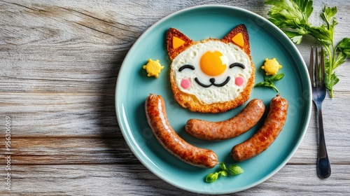 A breakfast plate with eggs and sausages arranged to look like a cat, making mealtime fun for kids. photo