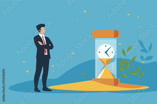 Smart Businessman Investing Time in Sandglass, Transforming It into Profitable Money Returns and Retirement Pension Fund