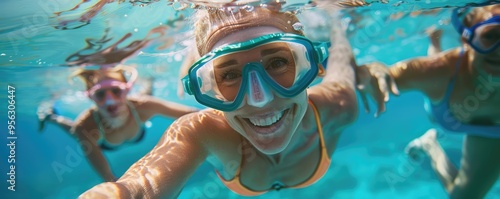 senior woman swimming freestyle in open water with other swimmers.