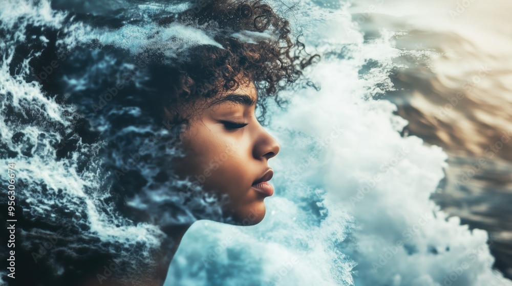 Young woman stands in splashes of water ocean waves African American eye closed Young woman stands in splashes of water ocean waves African American eye closed