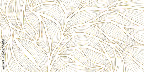 Vector art deco floral pattern, wavy luxury golden line background. Leaves texture, line design for interior, textile, poster, package, wrappers, gifts.