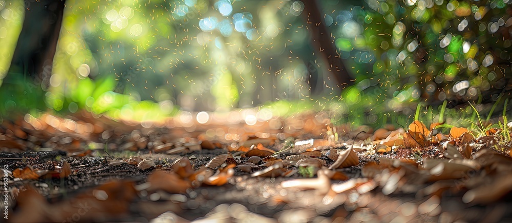Blurry outdoor abstract photography with a defocused view of green nature on the ground showcasing brown dry leaves grass and a bokeh effect perfect for a wallpaper background or design with copy spa Blurry outdoor abstract photography with a defocused view of green nature on the ground showcasing brown dry leaves grass and a bokeh effect perfect for a wallpaper background or design with copy spa