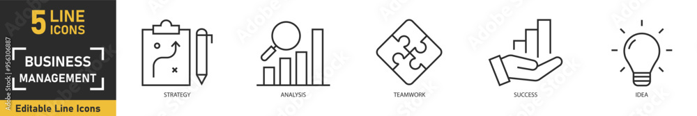 Business Management line icon set. Set of 5 outline icons related to business management, strategy, analysis, teamwork, success, idea and more. Vector illustration. Business Management line icon set. Set of 5 outline icons related to business management, strategy, analysis, teamwork, success, idea and more. Vector illustration.