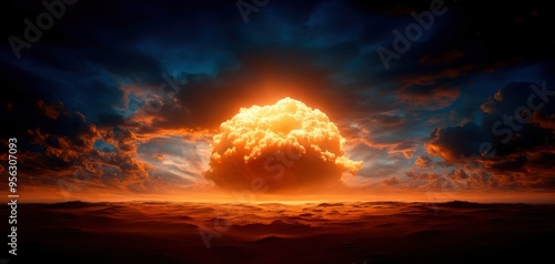 A dramatic explosion at sunset, featuring a vibrant cloud formation and striking colors against a moody sky.