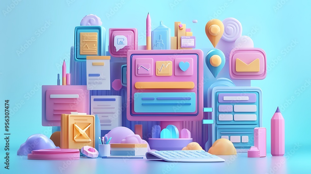 A vibrant and colorful abstract illustration filled with technology icons and objects, blending modernity with artistic flair. A vibrant and colorful abstract illustration filled with technology icons and objects, blending modernity with artistic flair.